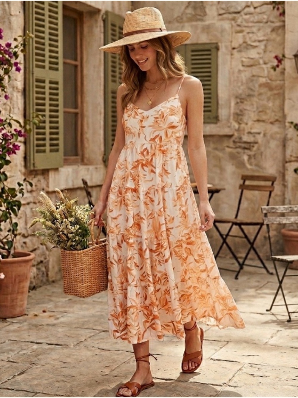 Abercrombie & Fitch Linen Blend Floral Tiered Midi Dress Tie Back Large Tall